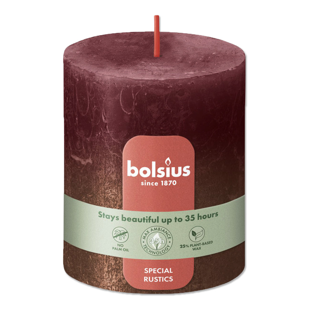 Pillar candle 80/68 mm Rustic FADING METALLIC velvet red + copper